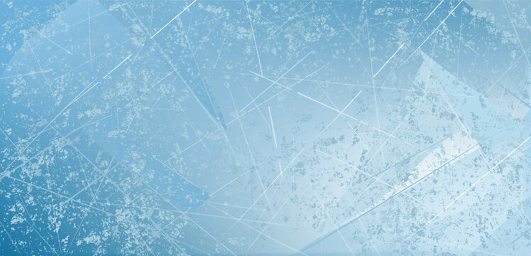 Blue ice background with scratches and cracks. Frozen lake surface, Christmas winter skating rink. Vector illustration for New Year, winter sports, and activities.