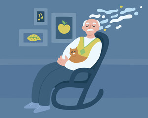 Elderly man, grandfather sitting in arm chair, holding cat, losing his memory. Old man, dementia, Alzheimer mental health concept, forgetting information. Flat vector illustration
