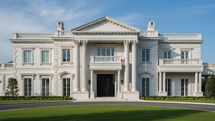 Obraz premium Grand neoclassical mansion front view with symmetrical columns and green lawn