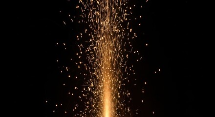 Golden fountain of light sparks erupting in darkness