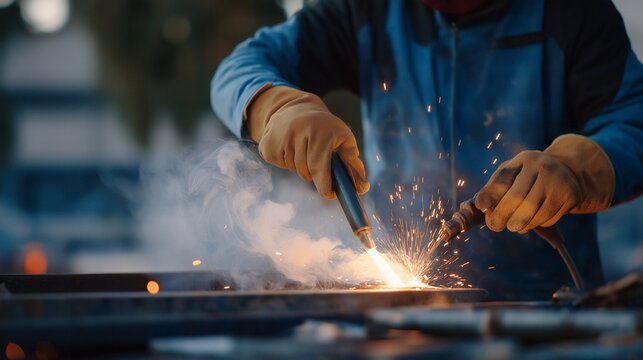 A close-up of a welder’s gloved hands guiding a torch along a clean metal seam, molten metal glowing orange as smoke curls gently upward — detailed welding technique, professional skill, and