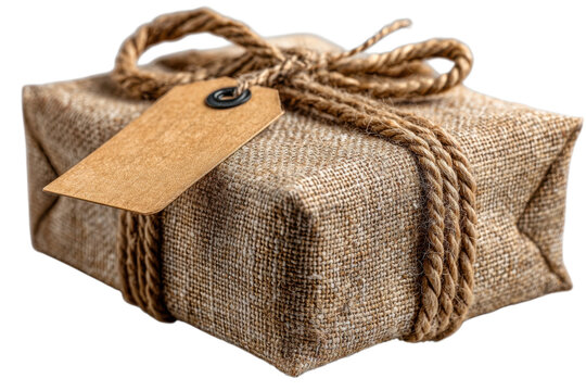 Rustic burlap wrapped gift box with twine bow, brown kraft tag and vintage packaging style for holidays and shipping isolated on Transparent Background