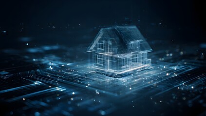 Futuristic digital blueprint of a modern architectural structure emerging from a complex circuit board with glowing blue data streams and particles