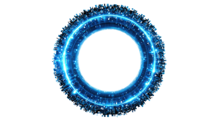 Orb of Digital Brilliance: A mesmerizing circle of light, aglow with a cascade of electric blue particles, pulsates with energy and futuristic technology.
