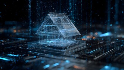 Futuristic digital pyramid structure glowing with vibrant blue light particles and intricate circuitry on a dark background symbolizing advanced technology and data flow