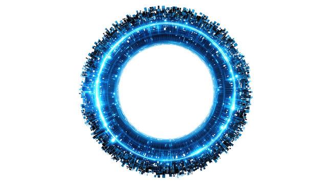Orb of Digital Brilliance: A mesmerizing circle of light, aglow with a cascade of electric blue particles, pulsates with energy and futuristic technology.