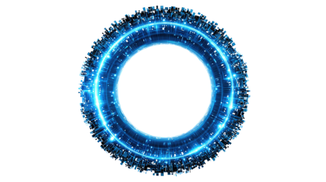 Orb of Digital Brilliance: A mesmerizing circle of light, aglow with a cascade of electric blue particles, pulsates with energy and futuristic technology.