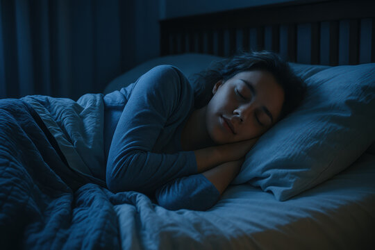 Peaceful young woman sleeping in dark bedroom at night. calm person getting rest in comfortable bed for wellness