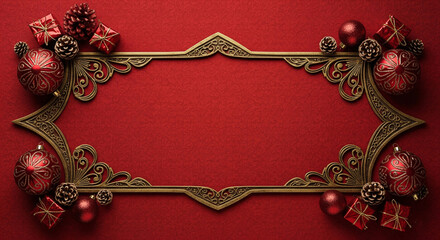 Luxurious Christmas background with an antique gold ornate frame and red baubles, pine cones, small gifts on a red backdrop