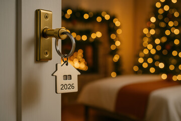 Hopeful new home key with house keychain for year 2026 hangs on doorknob with cozy festive Christmas background