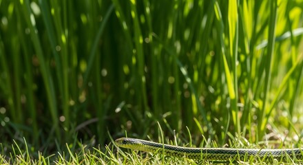 Obraz premium Garter snake resting on green foliage, close up view