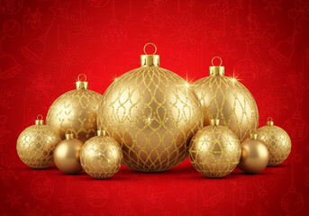 Gold Christmas baubles with glittering net textures on a vibrant red background