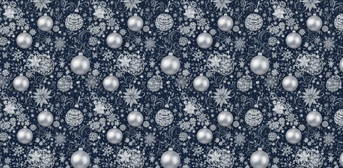 Dark blue and silver seamless Christmas pattern with matte and glossy baubles, ornate swirls and large stylized snowflakes