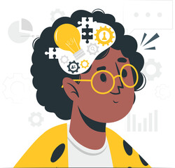 Person with lightbulb and gears in head representing ideas concept thinking