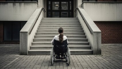 Fototapeta premium Woman in wheelchair facing long concrete stairs, showing accessibility barrier and disability challenge. Urban architectural design.