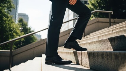 Man walking up stairs outdoors. Businessman climbing stone steps in city. Concept of career growth, success, and overcoming challenges.