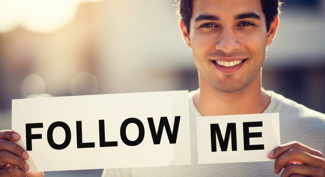 Young man holding Follow me sign. Social media marketer attracting audience. Online content creator engagement concept for digital platforms.