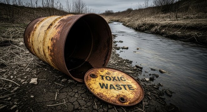 Rusty barrel labeled toxic waste polluting a stream. Environmental disaster concept for ecology protection and industrial pollution.