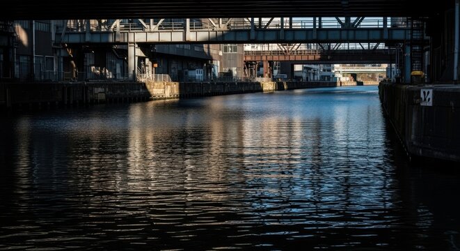 Industrial canal with buildings reflected on dark water. Urban cityscape with bridge structure. Modern infrastructure architecture.