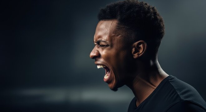 Young african american man screaming with sweat on his face. Emotion of anger, rage, pain or intensity. Concept of frustration, stress, or exertion.