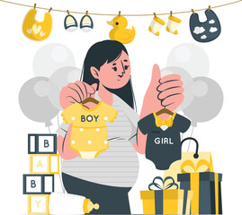 Pregnant woman at a baby shower with clothing and gifts expecting mother