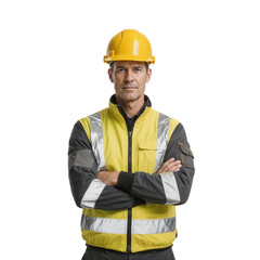 Construction worker stands with arms crossed wearing safety gear in a bright environment with a serious expression