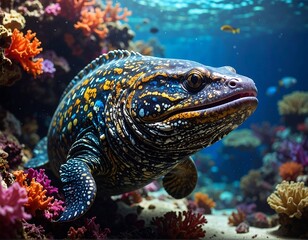 Ornate fish swims in a clear blue sea surrounded by vibrant coral reefs in a colorful and exotic underwater world