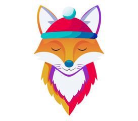 Cute cartoon fox wearing a winter hat with closed eyes