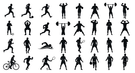 Silhouette collection of athletes engaging in various sports activities, including running, swimming, weightlifting, and tennis.