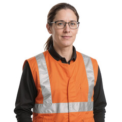 Safety worker stands confidently in an orange vest with reflective strips indoors at a construction site