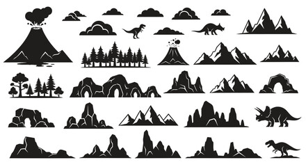Set of black silhouettes of mountains, volcanoes, and dinosaurs © Muhammadagil