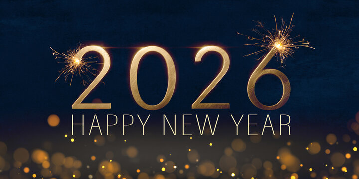happy new year, new year's eve holiday celebration festive greeting card illustration with text - Abstract golden year 2026 with bokeh lights on blue background texture