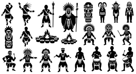 Silhouetted figures depicting tribal people, dancing, drumming, and performing rituals around a fire.