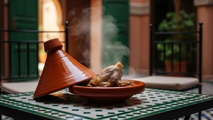 Steaming Moroccan Lamb Tagine in Riad Courtyard