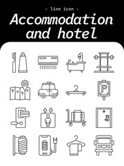 Accommodation and Hotel thin line icon set. Rooms, reception, amenities, travel stay, booking, and hospitality outline icon collection.