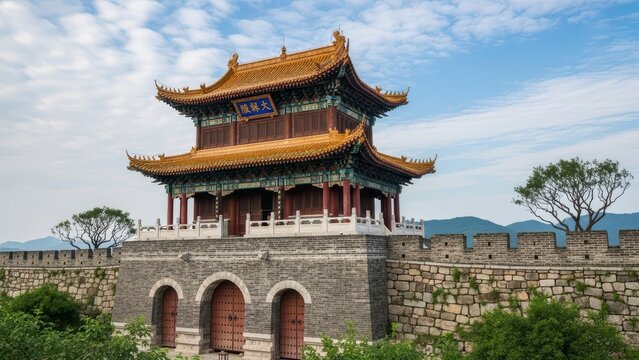 Traditional chinese architecture: ancient fortress watchtower under blue sky landscape - Powered by Adobe