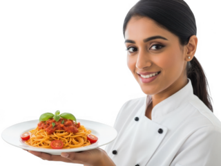 Smiling indian chef presenting a delicious plate of spaghetti with tomato sauce and basil isolated on transparent background