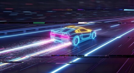 A sleek sports car speeds through a neon-lit highway at night with vibrant blue and pink light trails.