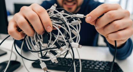 Man holding a tangled mess of various computer cables and wires.
