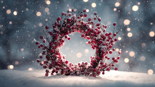 Beautiful winter holiday wreath with snow-covered red berries creating a festive mood, perfect for a Christmas card or seasonal promotion now