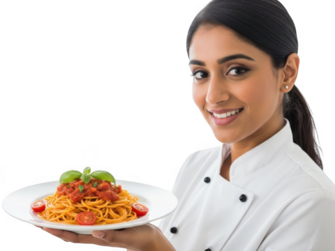 Smiling indian chef presenting a delicious plate of spaghetti with tomato sauce and basil isolated on transparent background
