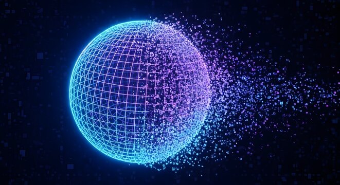 Glowing blue and purple digital globe with particles exploding in space - Powered by Adobe