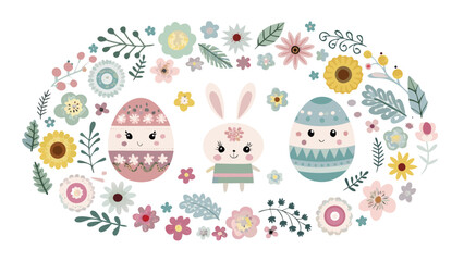 Charming easter illustration featuring a cute bunny and decorated eggs surrounded by a whimsical floral border in soft pastel colors perfect for spring celebrations and festive designs
