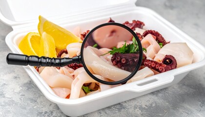 Examine delectable octopus salad with lemon in takeout container using a magnifying glass, a culinary adventure for foodies and seafood enthusiasts