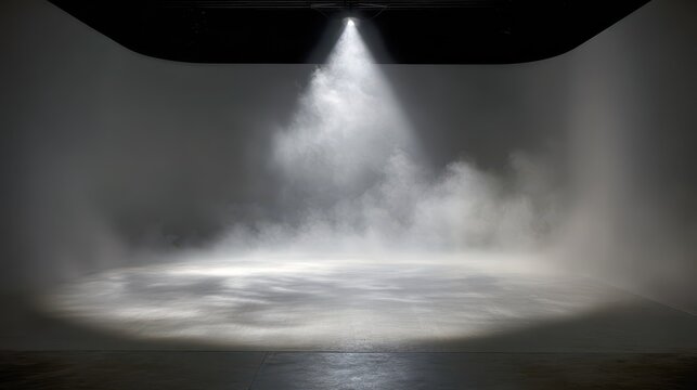 Minimal stage lighting with swirling white haze against a seamless white background
