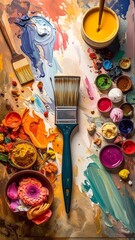 Overhead shot of artist's palette with paints, brushes, and colorful textures. Creative mess