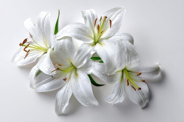 Minimalist arrangement of white lilies viewed from above with soft studio lighting