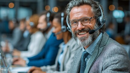 Fototapeta premium Friendly mature customer service representative assisting clients in a vibrant office environment, showcasing professionalism and modern support solutions