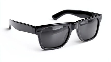 Minimalist black sunglasses with front-angled view on white surface for marketing imagery