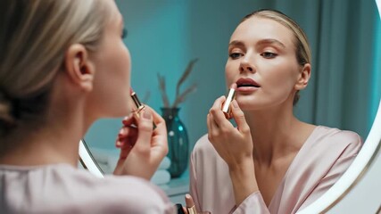 Elegant caucasian woman applying lipstick in illuminated mirror, a beauty routine for self care and pampering experience